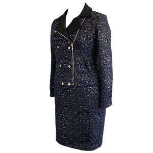 White House Black Market 2 Piece Navy Tweed Dress & Moto Jacket Suit Size 12